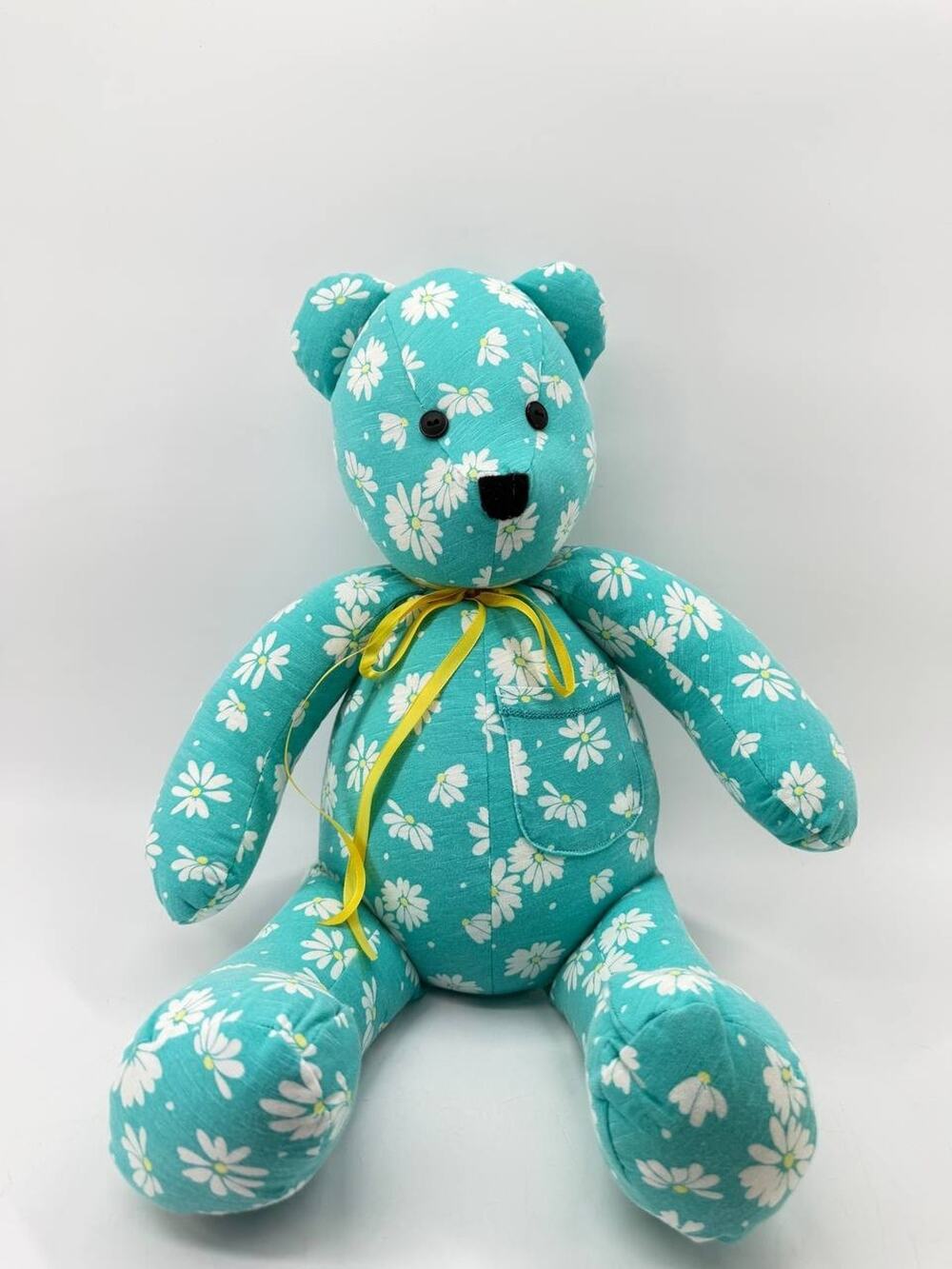 Handmade Fabric Teddy Bear Turquoise Daisy Floral Button Eyes Art Doll